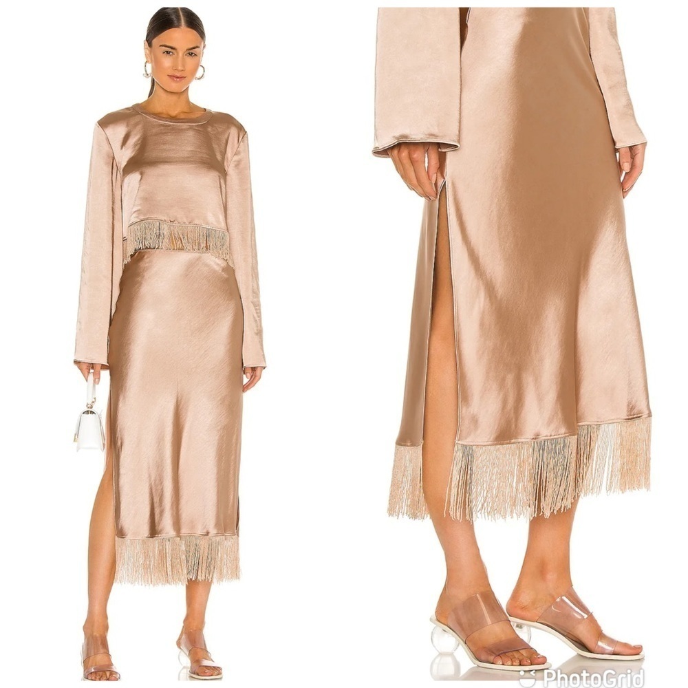 LPA Fringe Skirt Cream Satin Fringe Party Revolve S NWT - Picture 2 of 8